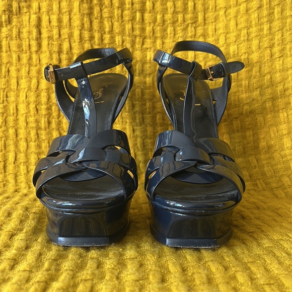 YSL TRIBUTE PLATFORM SANDALS IN PATENT LEATHER 38, navy blue - Picture 8 of 9
